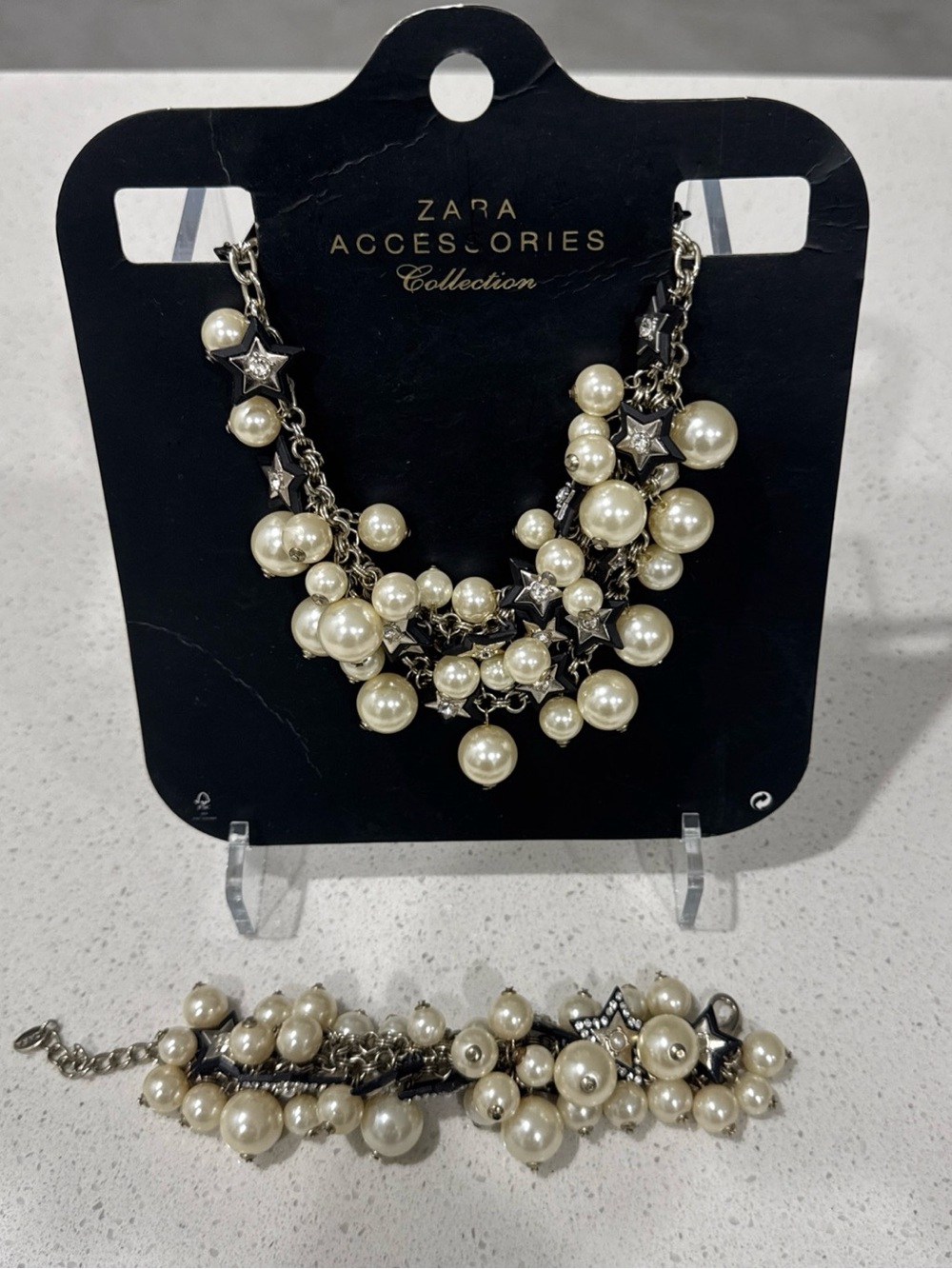 Zara Accessories Statement Faux Pearl Star Charm Necklace & Bracelet Rhinestone
